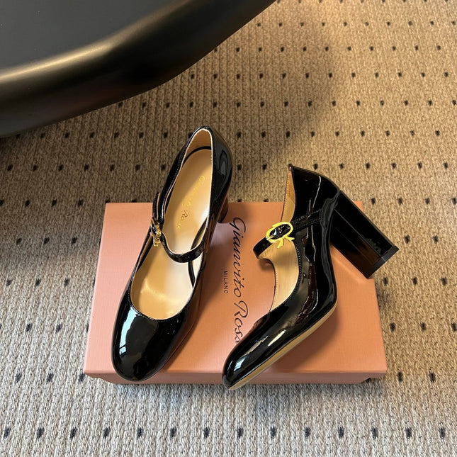GIANVITO ROSSI 26S MARY JANE HEELS 85 MM IN BLACK PATENT CALFSKIN
