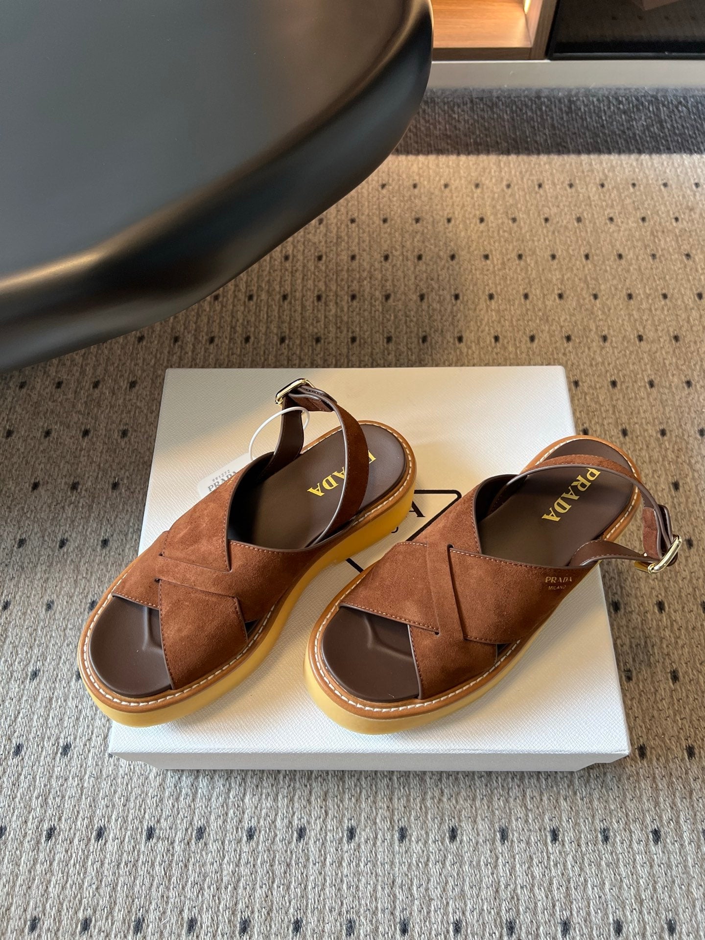PRADA 26S CROSS STRAP PLATFORM SANDALS 55MM IN BROWN SUEDE