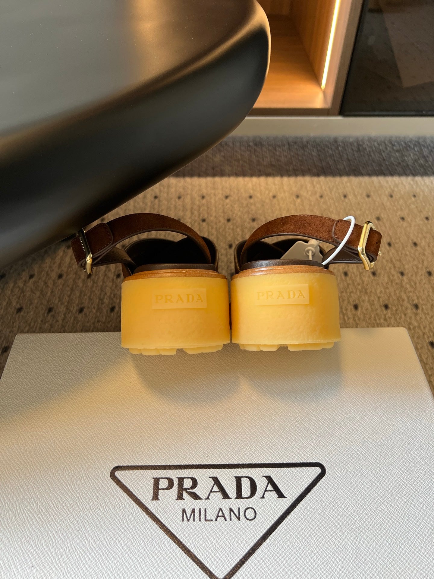 PRADA 26S CROSS STRAP PLATFORM SANDALS 55MM IN BROWN SUEDE