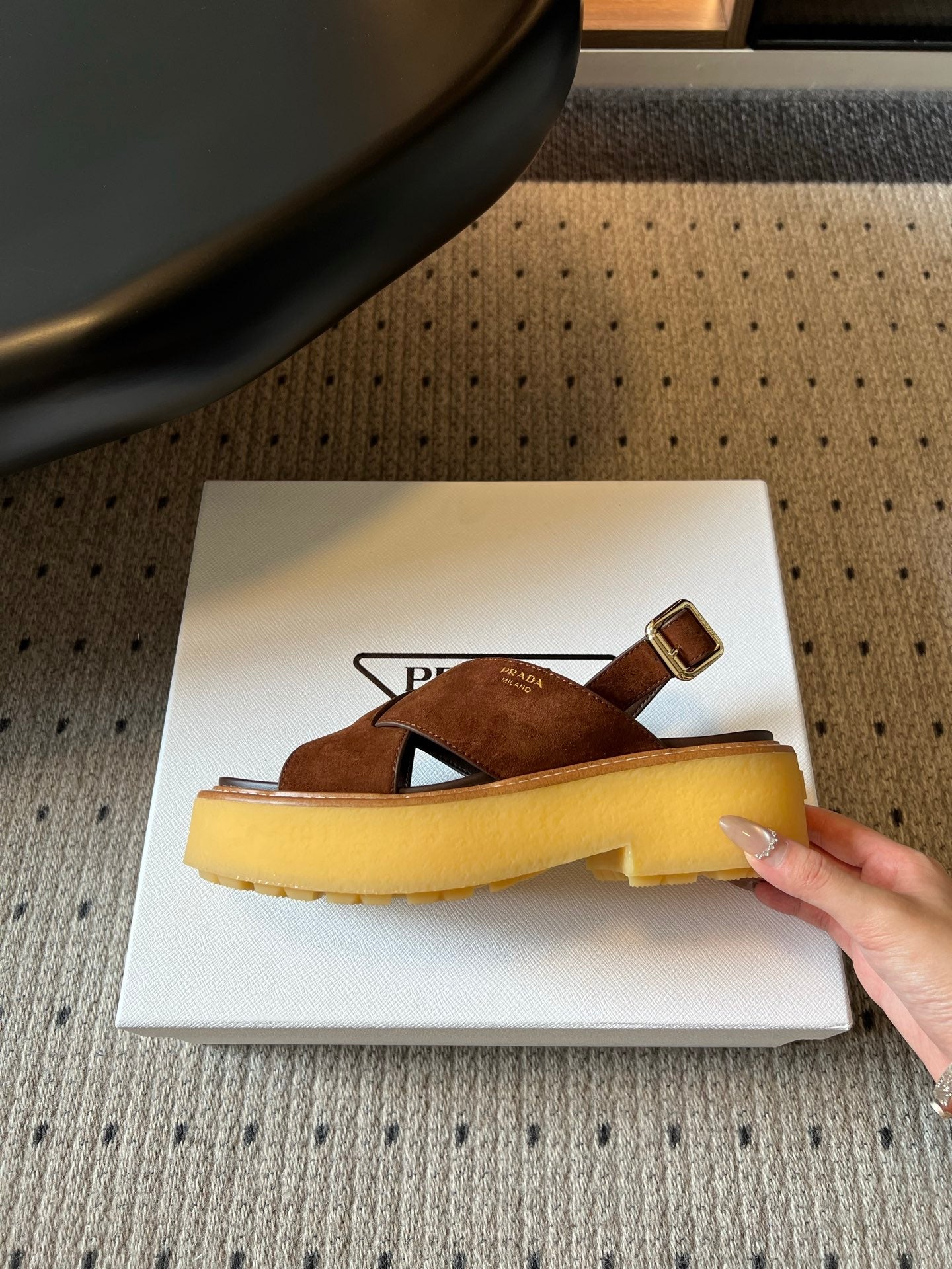 PRADA 26S CROSS STRAP PLATFORM SANDALS 55MM IN BROWN SUEDE
