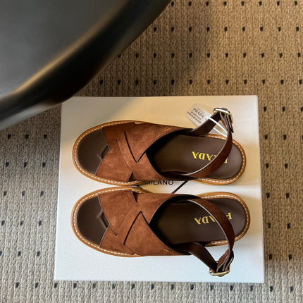 PRADA 26S CROSS STRAP PLATFORM SANDALS 55MM IN BROWN SUEDE