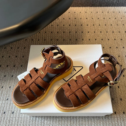 PRADA 26S GLADIATOR SANDALS 55MM IN BROWN SUEDE