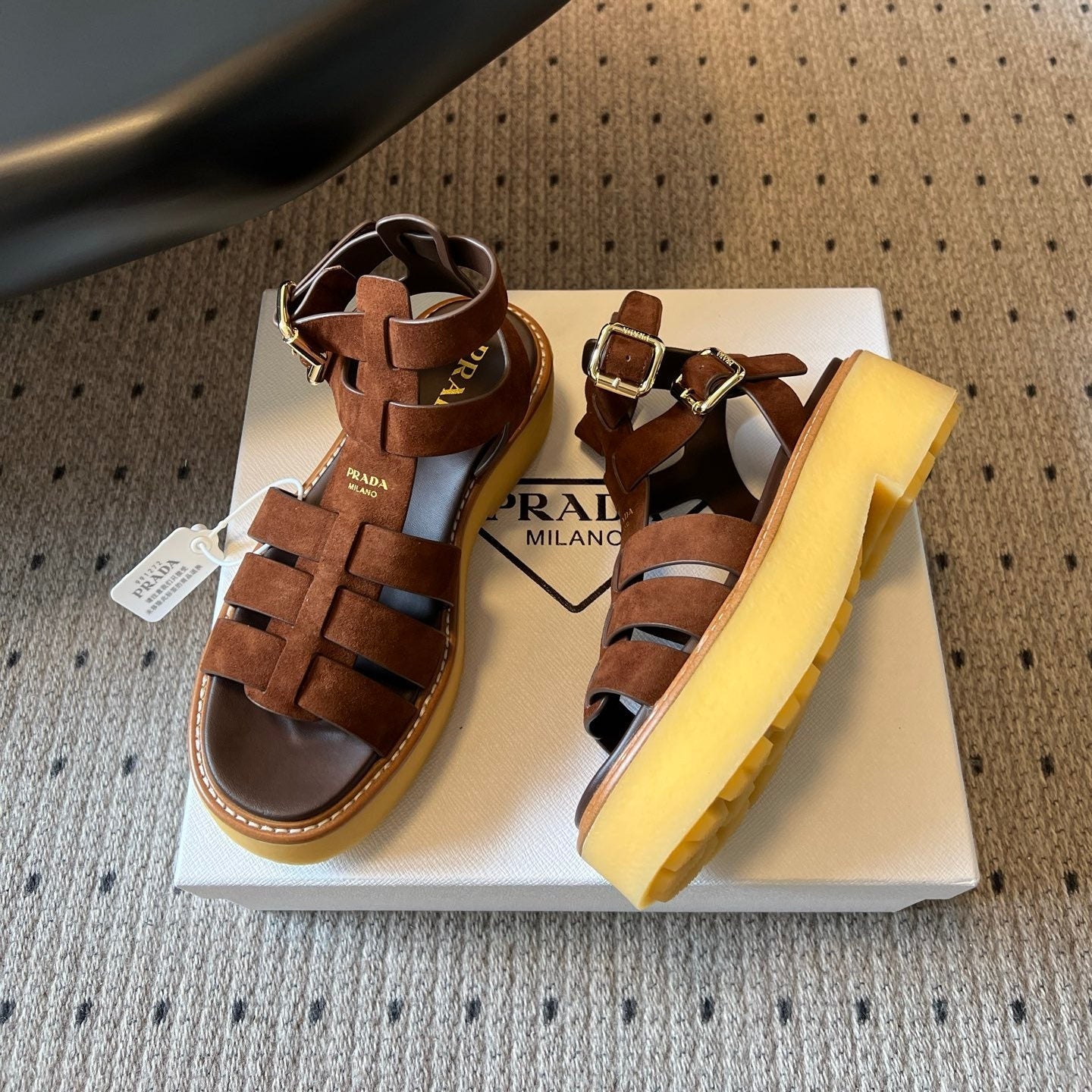 PRADA 26S GLADIATOR SANDALS 55MM IN BROWN SUEDE