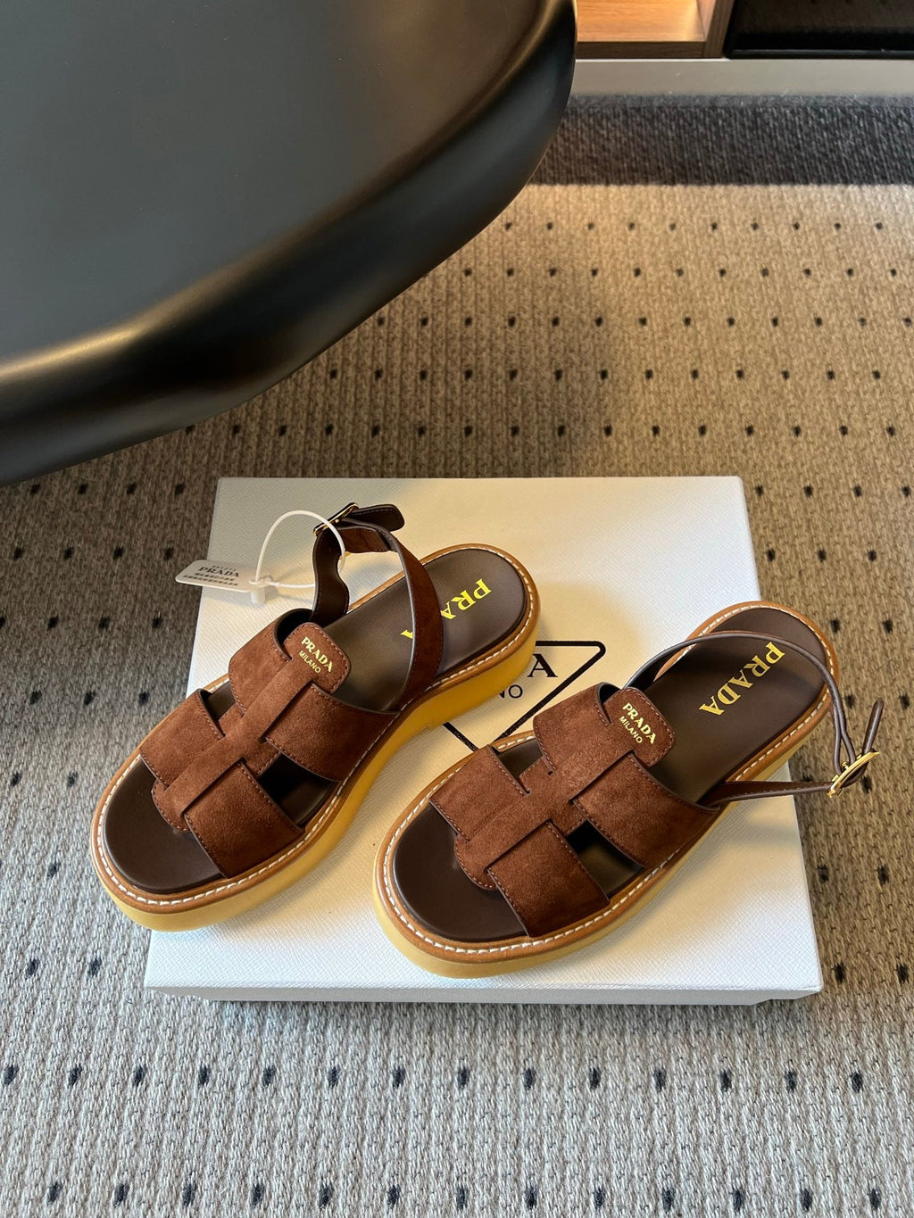 PRADA 26S PLATFORM SANDALS 55MM IN BROWN SUEDE