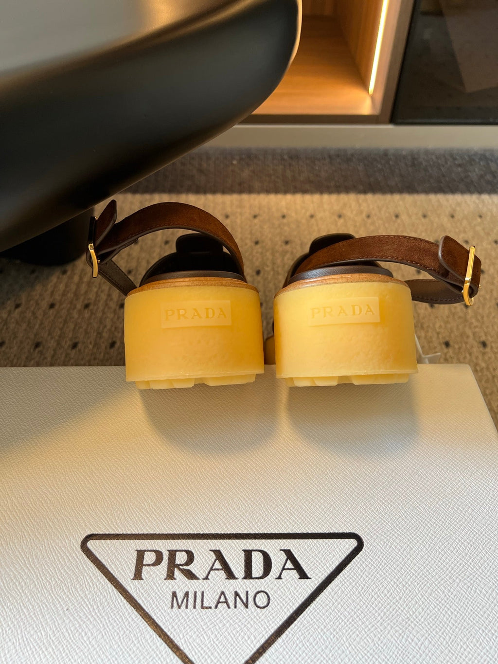 PRADA 26S PLATFORM SANDALS 55MM IN BROWN SUEDE