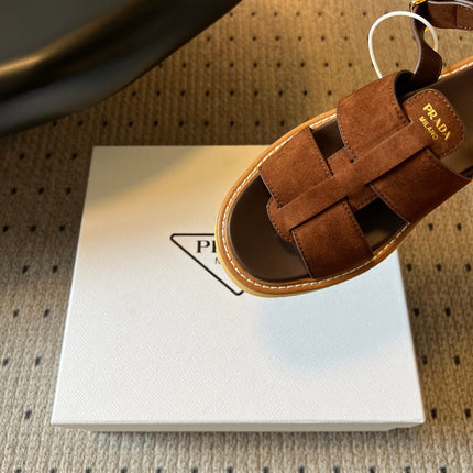 PRADA 26S PLATFORM SANDALS 55MM IN BROWN SUEDE