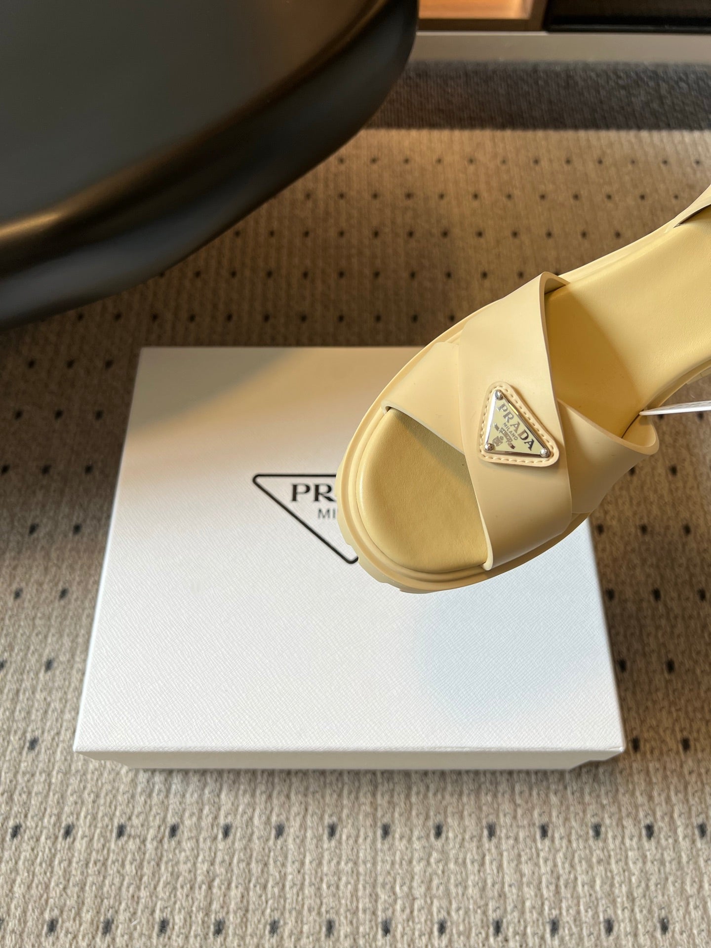 PRADA 26S BLOCK HEEL SANDALS 85MM IN BEIGE EVA FOAM