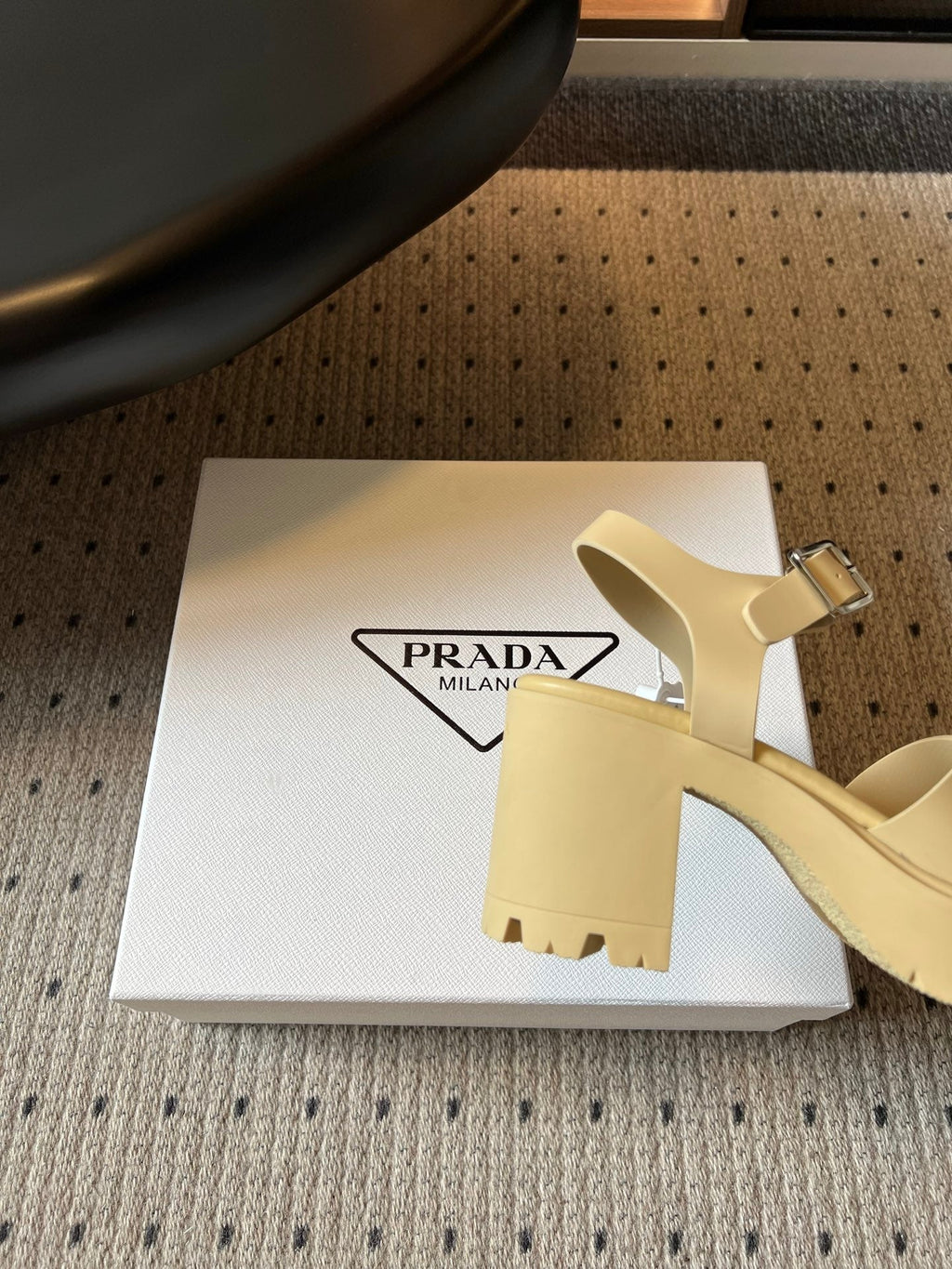 PRADA 26S BLOCK HEEL SANDALS 85MM IN BEIGE EVA FOAM