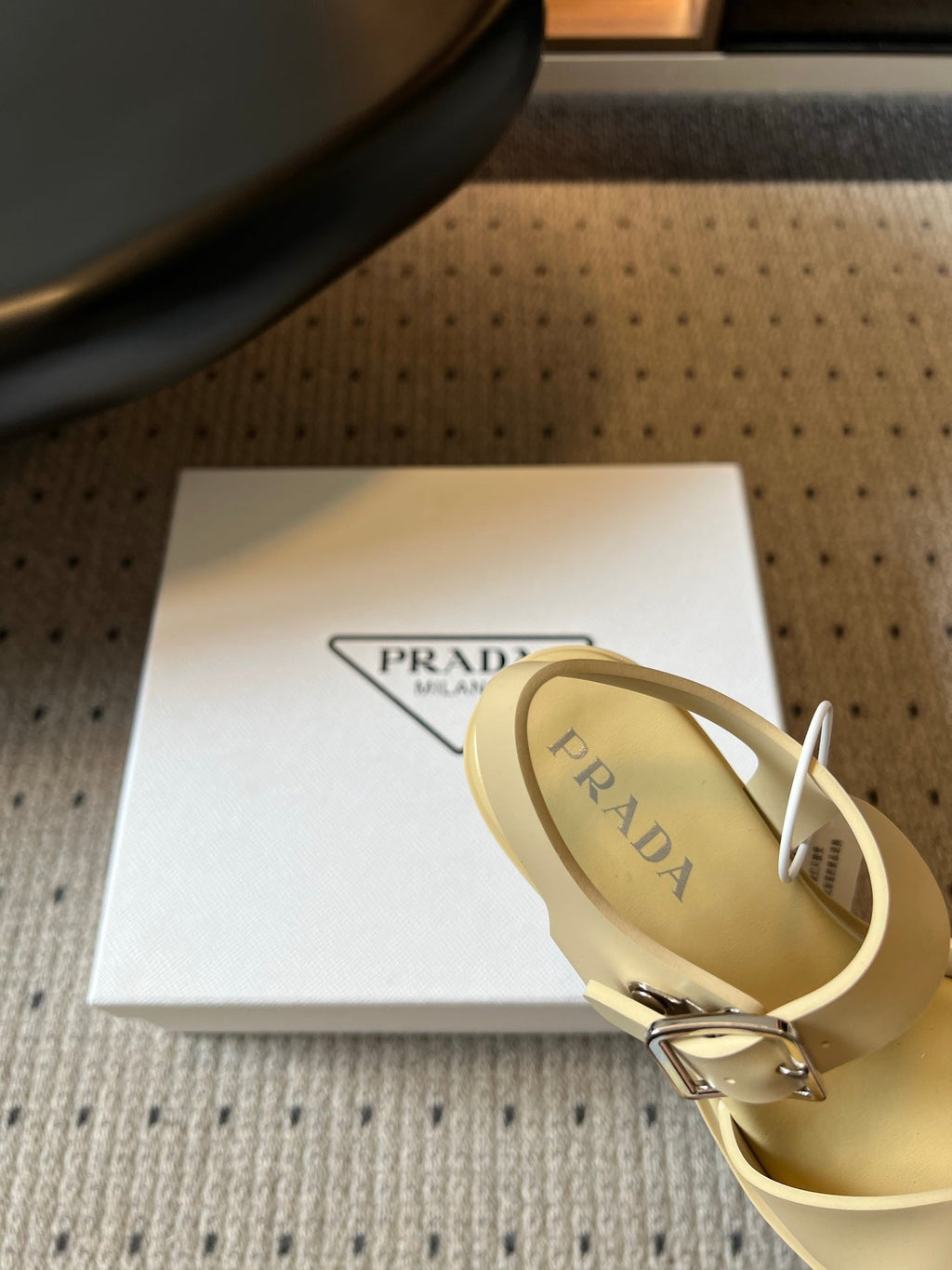 PRADA 26S BLOCK HEEL SANDALS 85MM IN BEIGE EVA FOAM