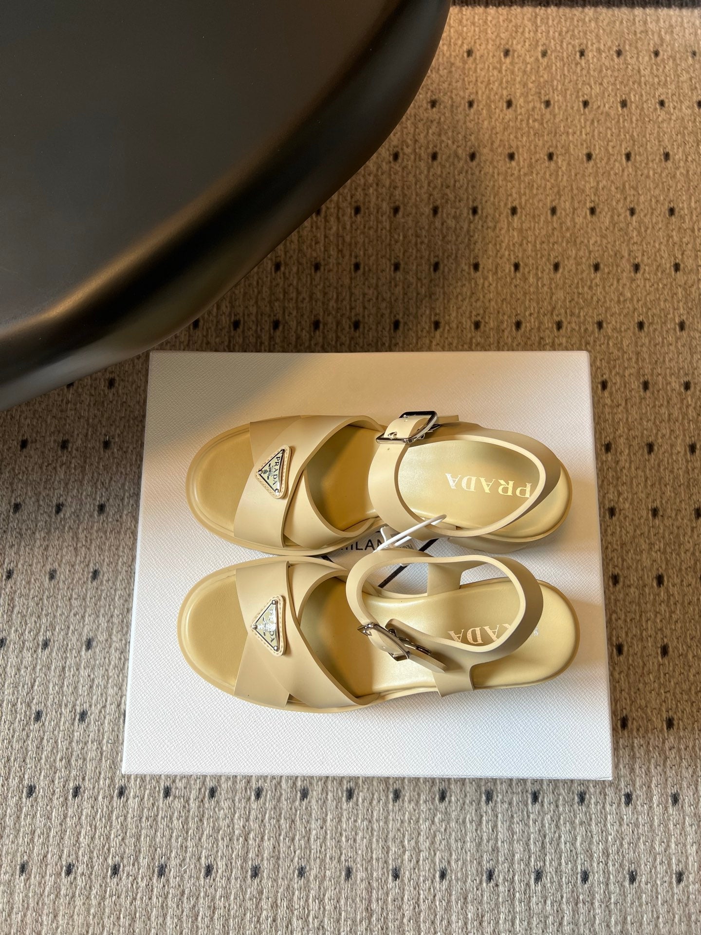 PRADA 26S BLOCK HEEL SANDALS 85MM IN BEIGE EVA FOAM