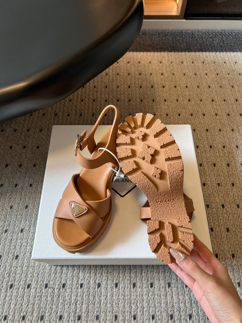 PRADA 26S BLOCK HEEL SANDALS 85MM IN CARAMEL BROWN EVA FOAM