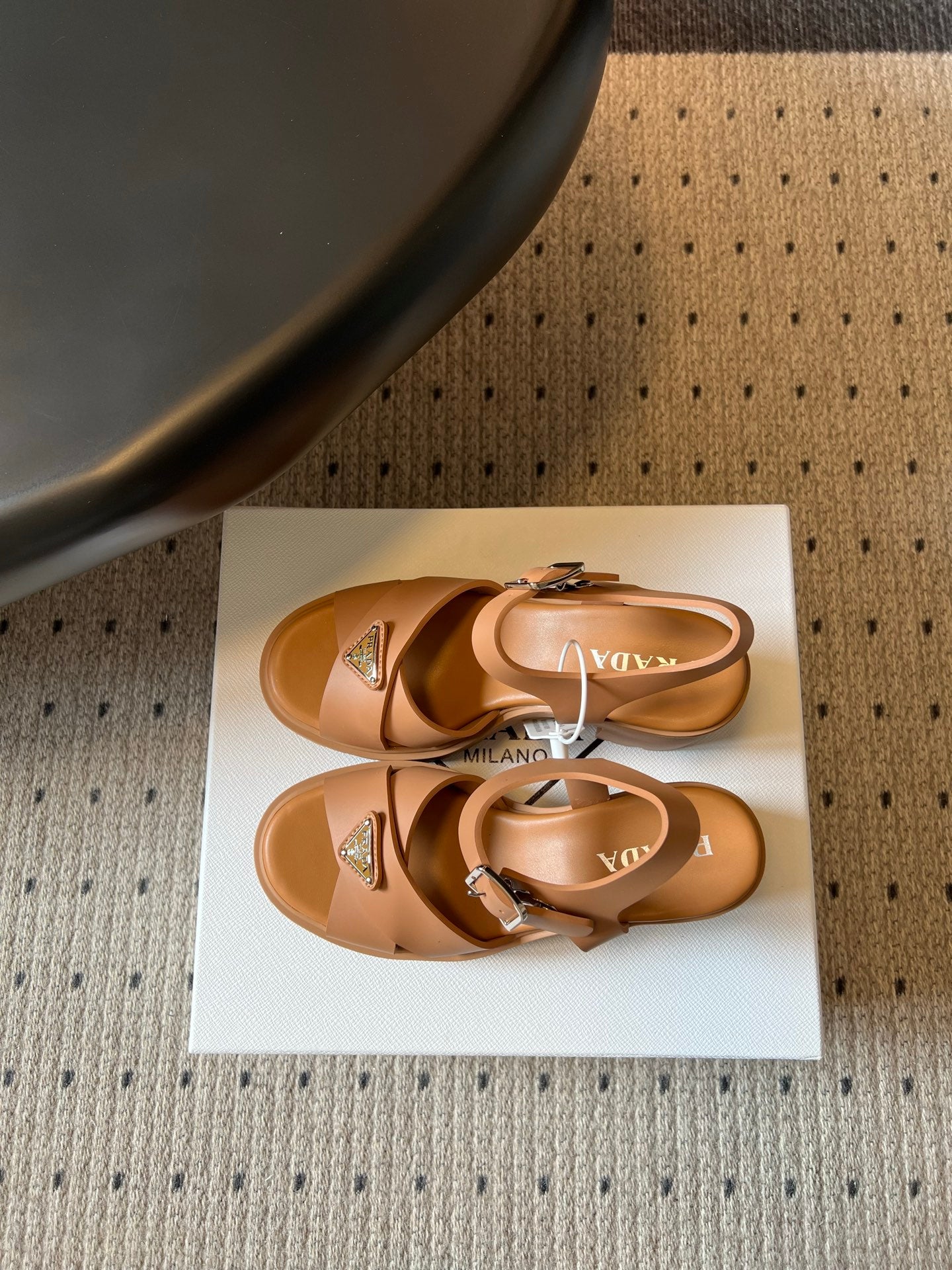 PRADA 26S BLOCK HEEL SANDALS 85MM IN CARAMEL BROWN EVA FOAM