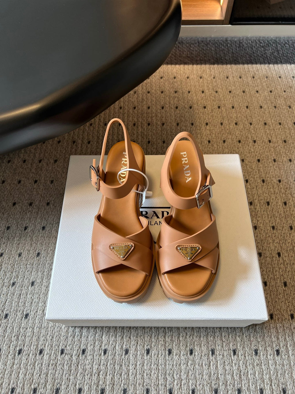 PRADA 26S BLOCK HEEL SANDALS 85MM IN CARAMEL BROWN EVA FOAM