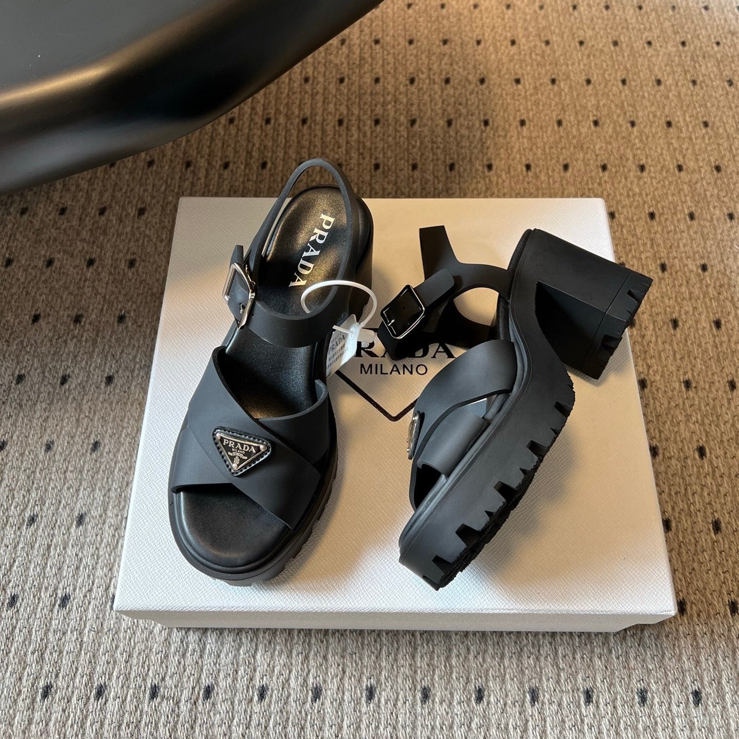 PRADA 26S BLOCK HEEL SANDALS 85MM IN BLACK EVA FOAM
