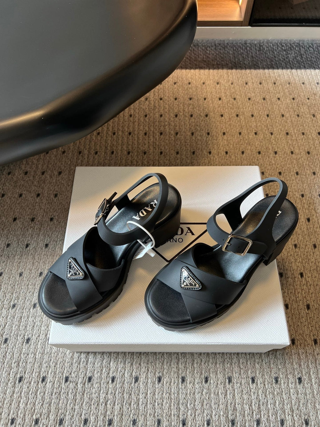 PRADA 26S BLOCK HEEL SANDALS 85MM IN BLACK EVA FOAM