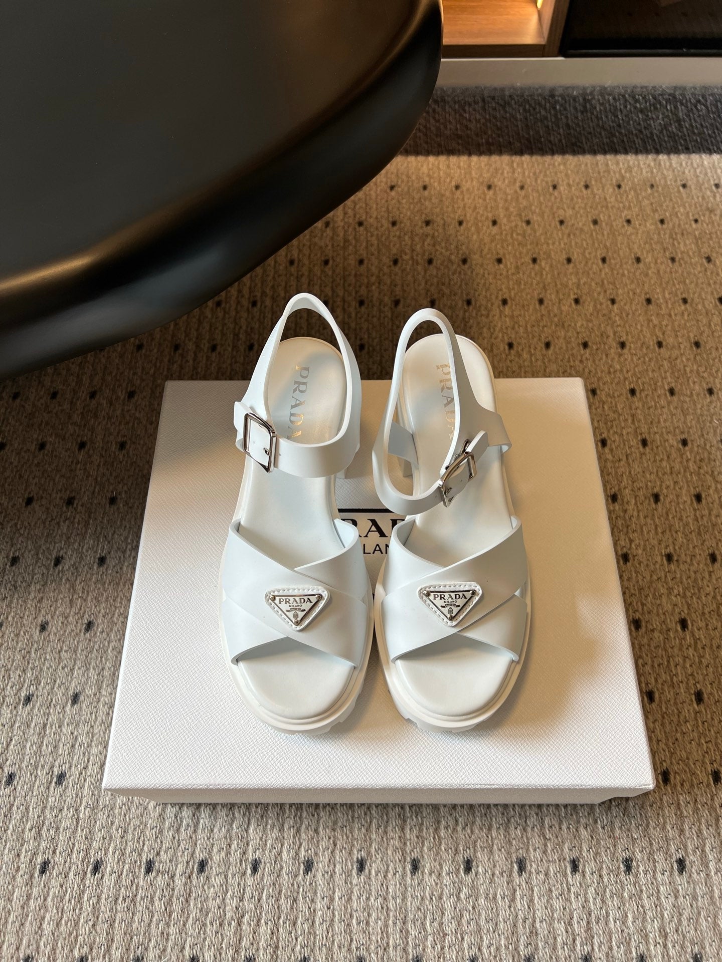 PRADA 26S BLOCK HEEL SANDALS 85MM IN WHITE EVA FOAM