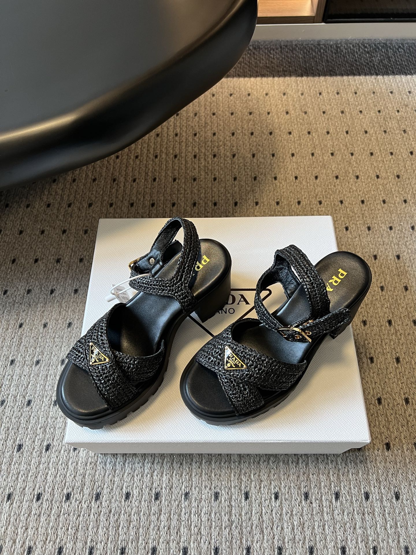 PRADA 26S BLOCK HEEL SANDALS 85MM IN BLACK RAFFIA AND CALFSKIN