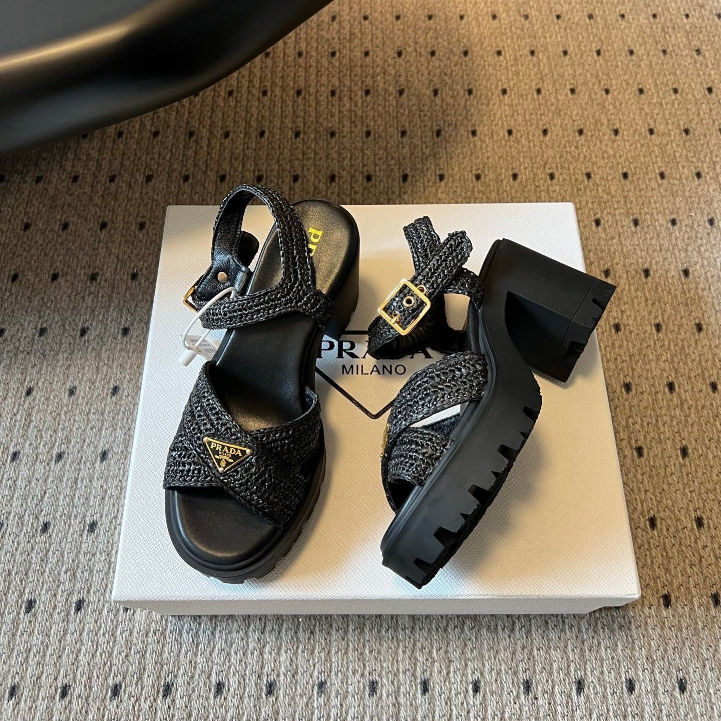 PRADA 26S BLOCK HEEL SANDALS 85MM IN BLACK RAFFIA AND CALFSKIN