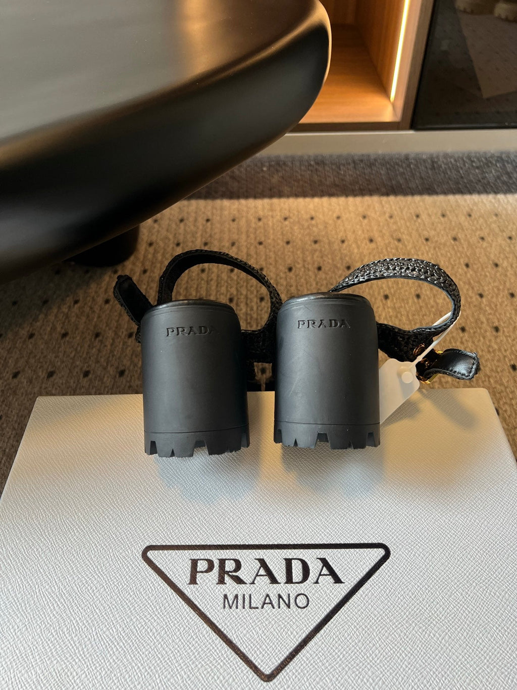 PRADA 26S BLOCK HEEL SANDALS 85MM IN BLACK RAFFIA AND CALFSKIN