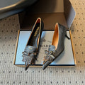 PRADA 26S POINTED TOE BOW FRINGE PUMPS 50MM IN BLACK CALFSKIN