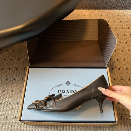 PRADA 26S POINTED TOE BOW FRINGE PUMPS 50MM IN BLACK CALFSKIN