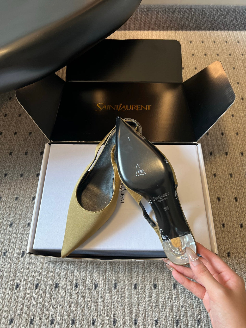 YSL 26S HEELED SLINGBACKS 60 MM IN OLIVE GREEN SATIN