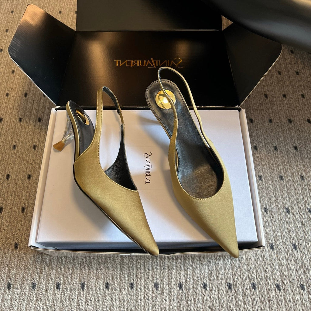 YSL 26S HEELED SLINGBACKS 60 MM IN OLIVE GREEN SATIN