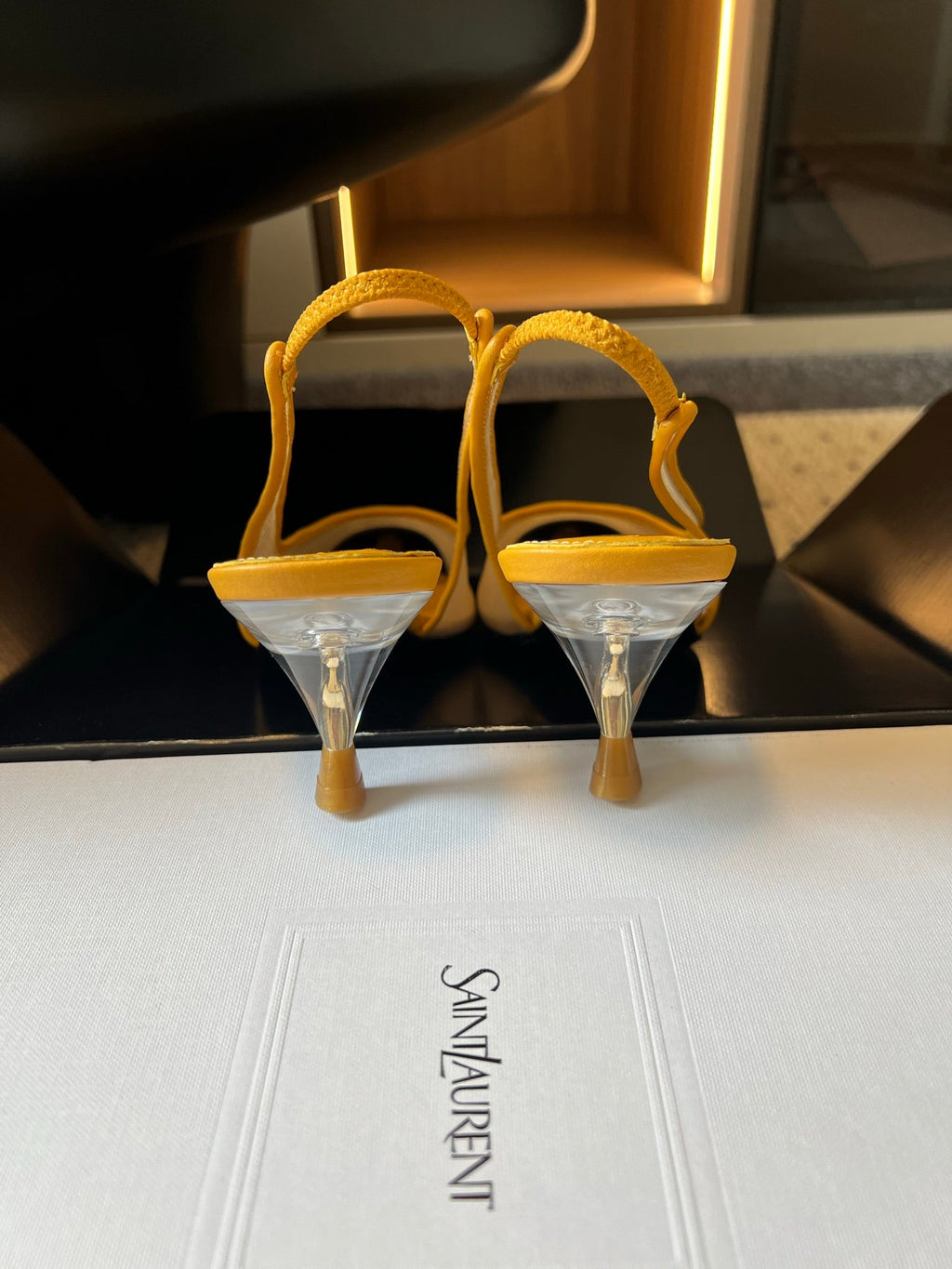 YSL 26S HEELED SLINGBACKS 60 MM IN MUSTARD YELLOW LAMBSKIN AND BEIGE MESH