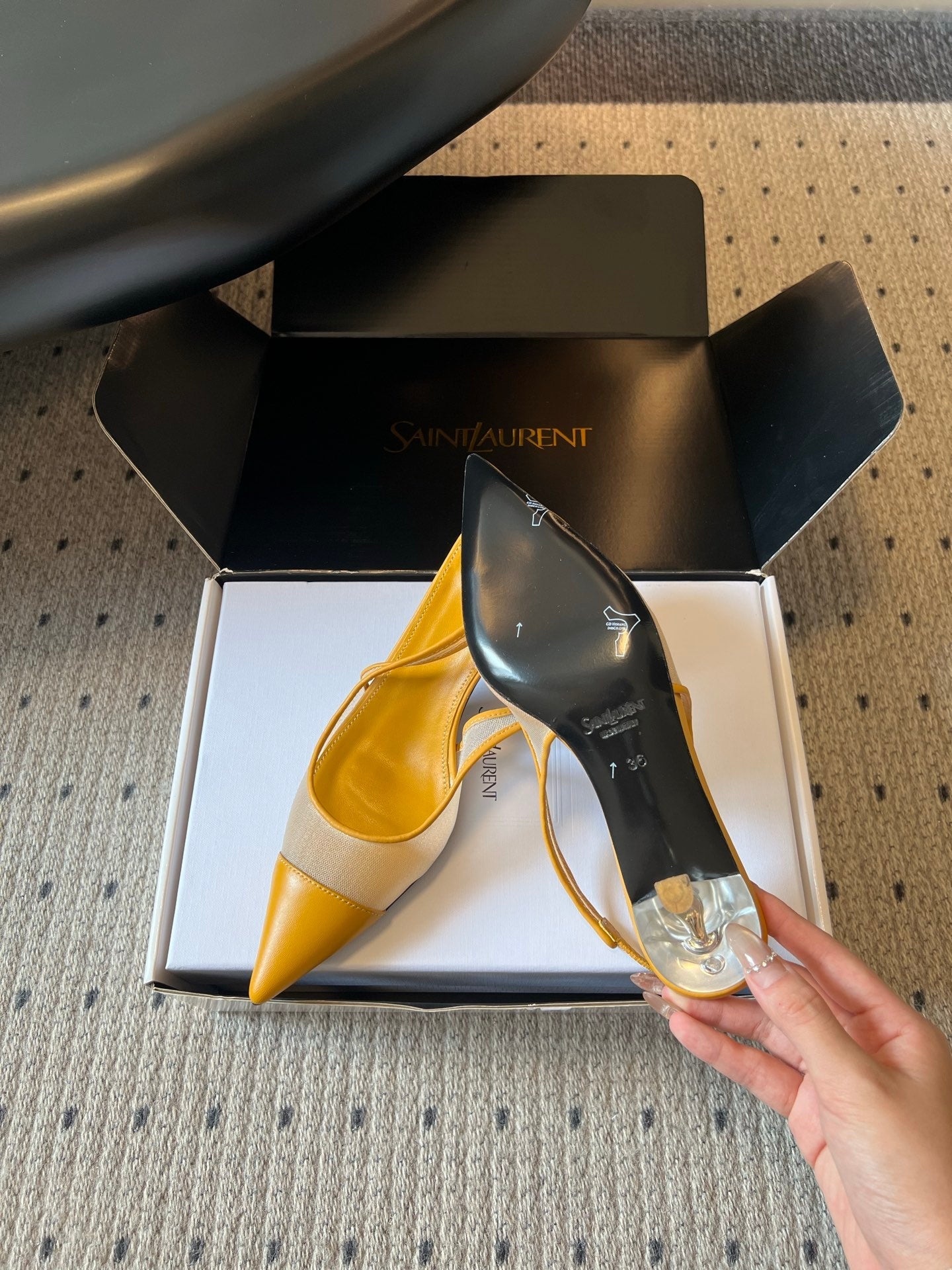 YSL 26S HEELED SLINGBACKS 60 MM IN MUSTARD YELLOW LAMBSKIN AND BEIGE MESH