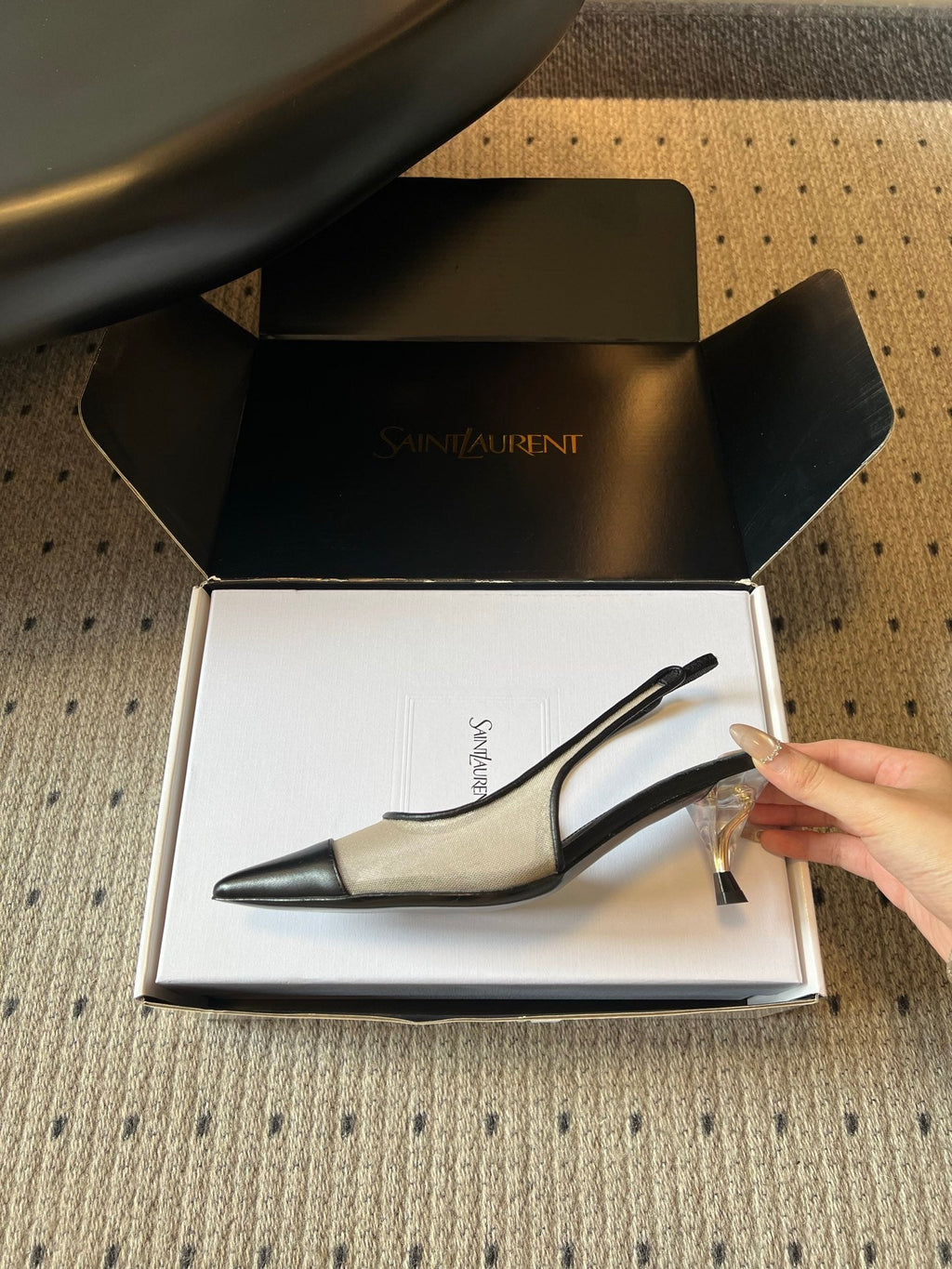 YSL 26S HEELED SLINGBACKS 60 MM IN BLACK LAMBSKIN AND BEIGE MESH
