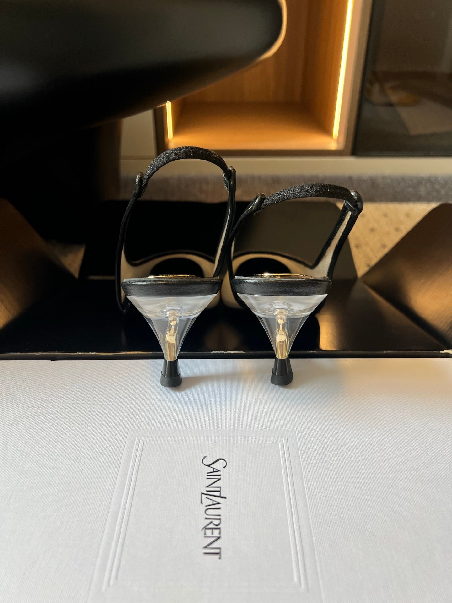YSL 26S HEELED SLINGBACKS 60 MM IN BLACK LAMBSKIN AND BEIGE MESH