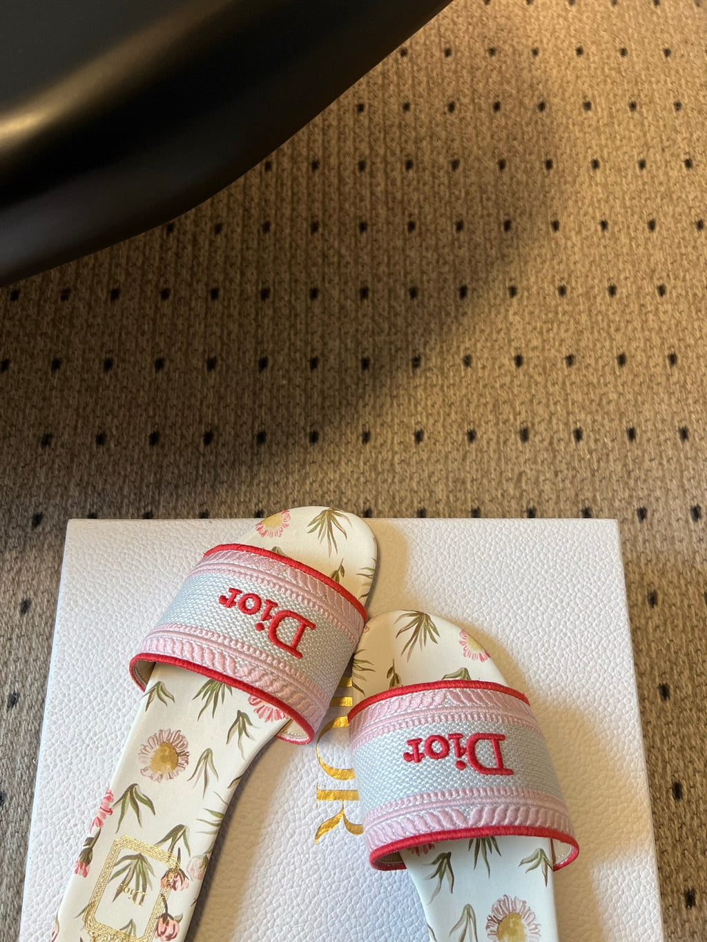 DIOR 26S SLIDES DWAY IN PINK RED EMBROIDERED CANVAS WITH LOGO & FLORAL PRINT FOOTBED