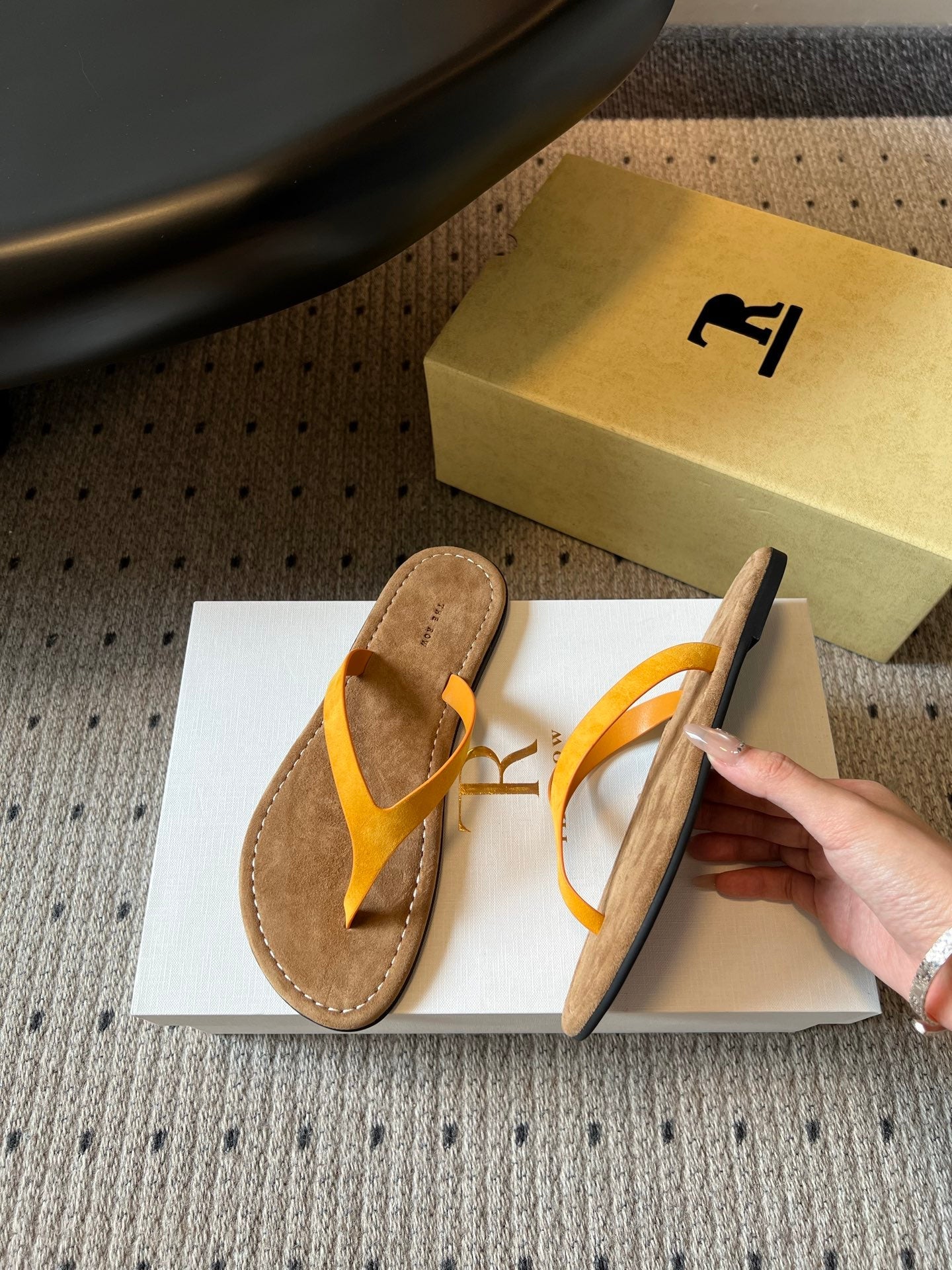 THE ROW 26S THONG SANDALS IN MUSTARD YELLOW SUEDE
