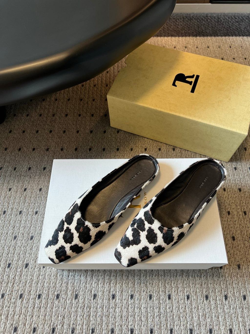 THE ROW 26S SQUARE TOE BACKLESS SLIDES IN WHITE COW PRINT CALF HAIR