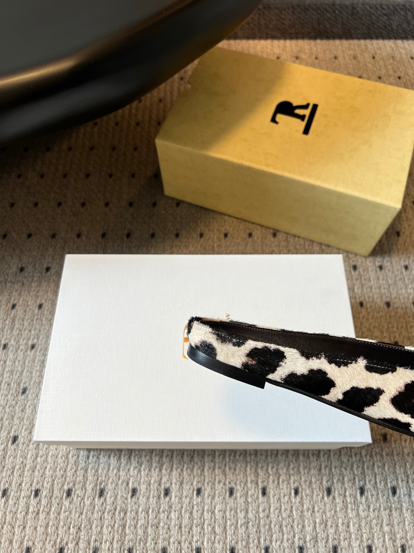 THE ROW 26S SQUARE TOE BACKLESS SLIDES IN WHITE COW PRINT CALF HAIR