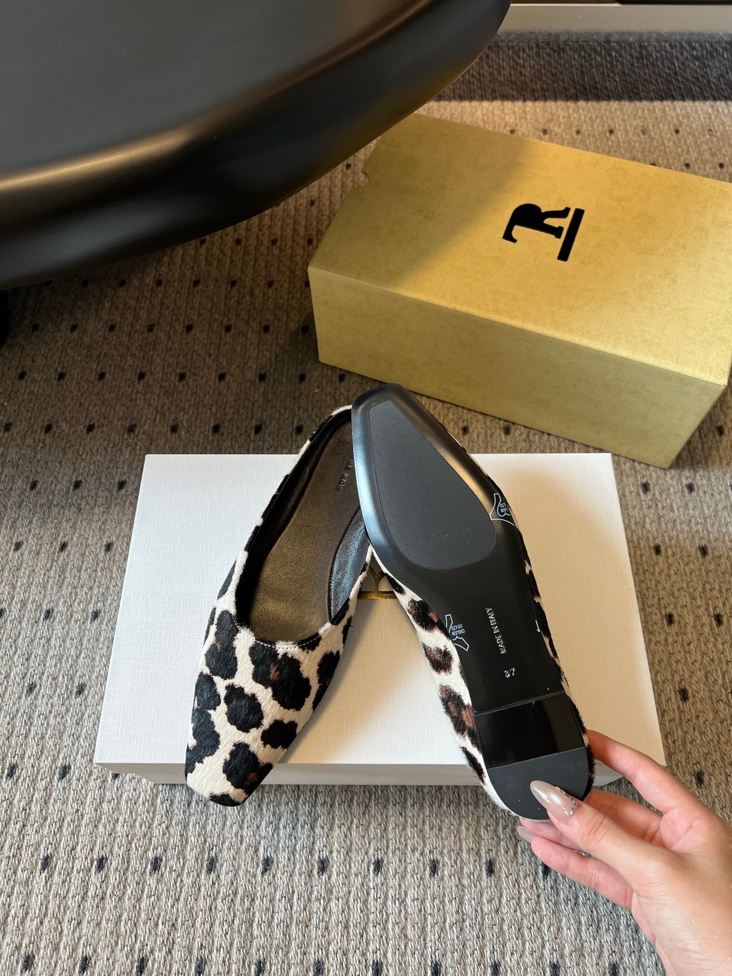 THE ROW 26S SQUARE TOE BACKLESS SLIDES IN WHITE COW PRINT CALF HAIR