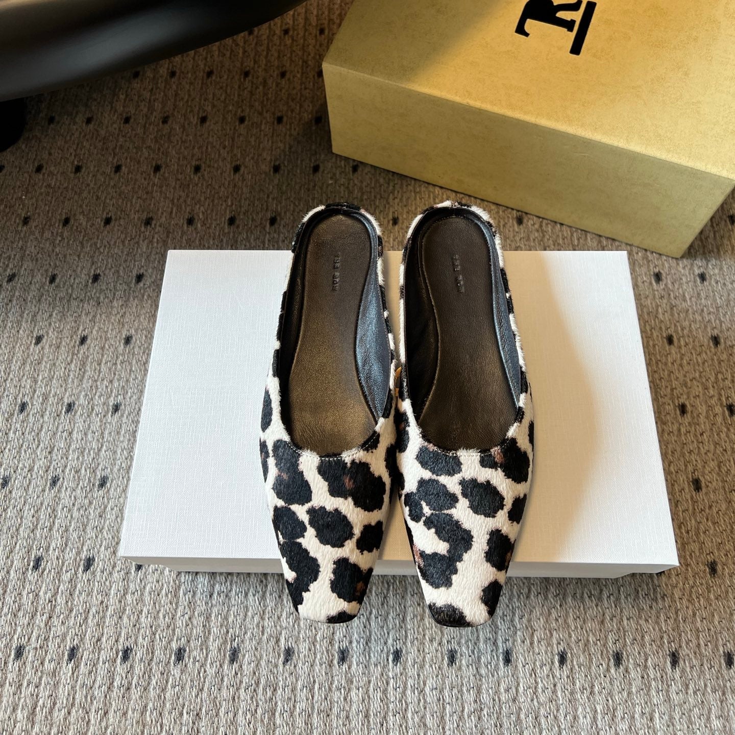 THE ROW 26S SQUARE TOE BACKLESS SLIDES IN WHITE COW PRINT CALF HAIR