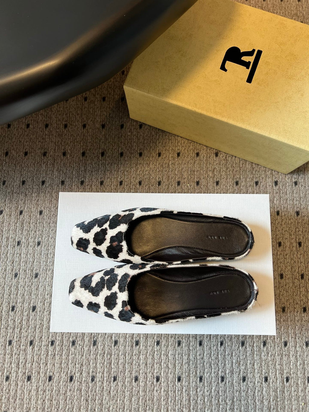 THE ROW 26S SQUARE TOE BACKLESS SLIDES IN WHITE COW PRINT CALF HAIR
