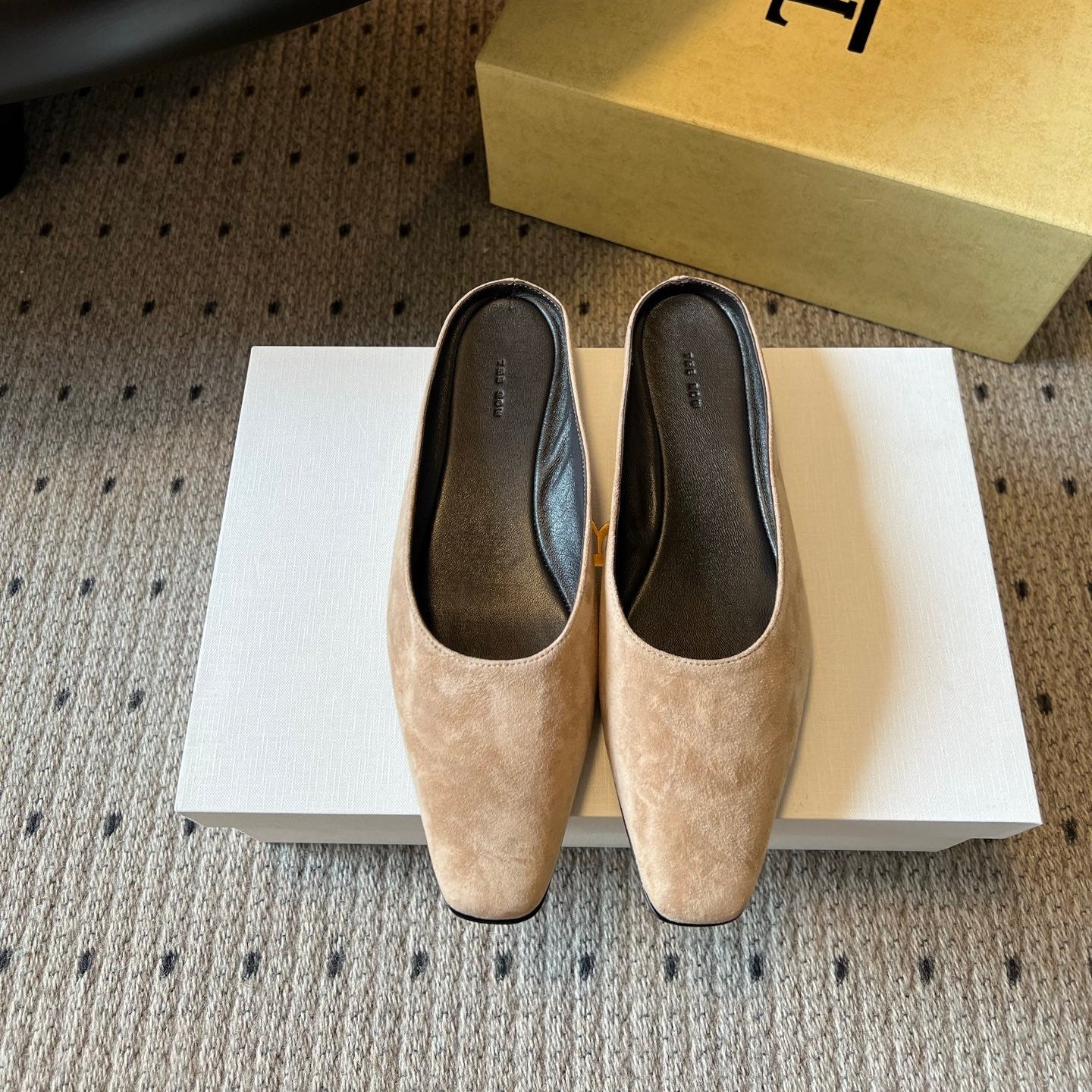 THE ROW 26S SQUARE TOE BACKLESS SLIDES IN LIGHT BROWN CALF HAIR