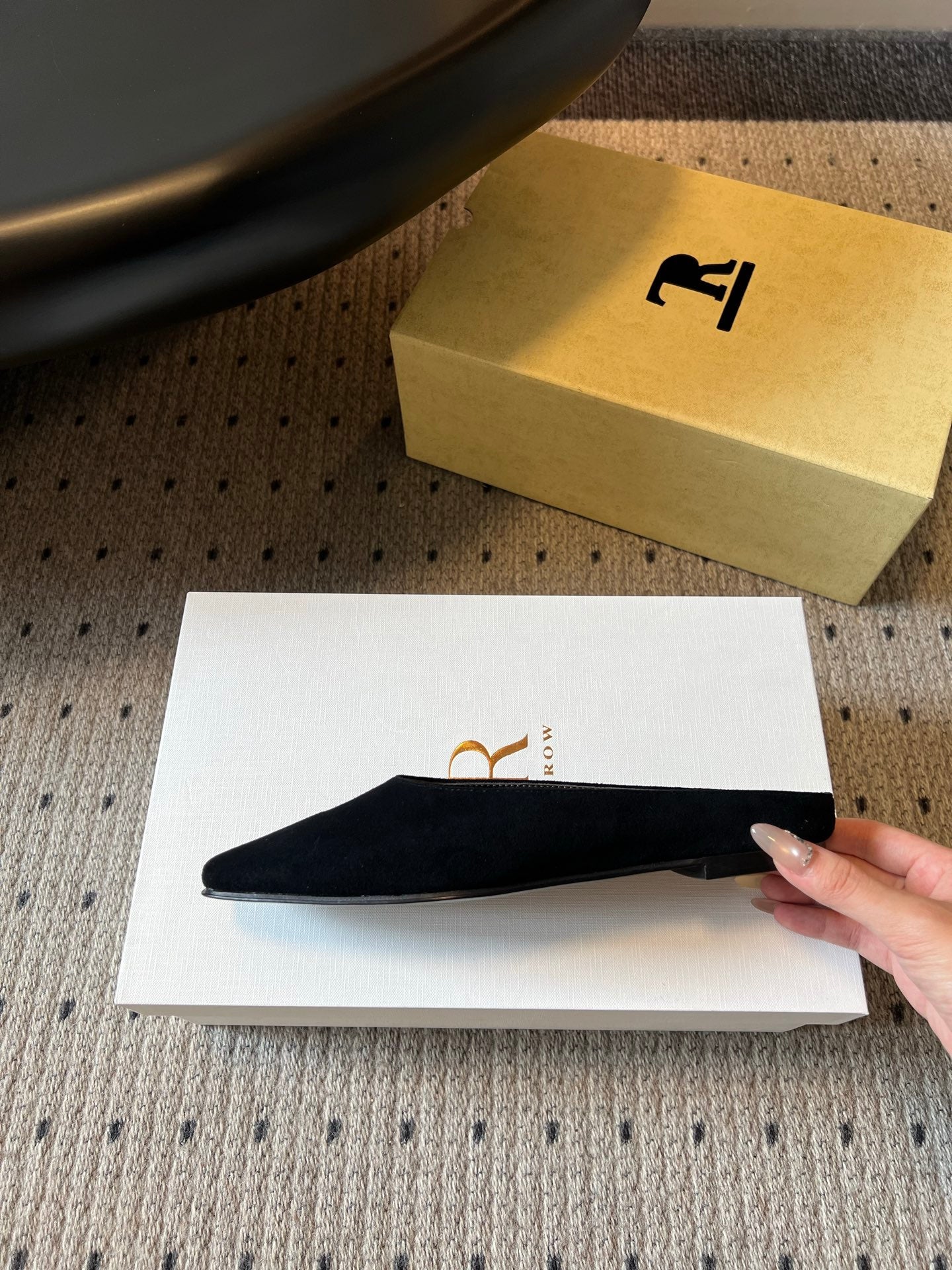 THE ROW 26S SQUARE TOE BACKLESS SLIDES IN BLACK CALF HAIR