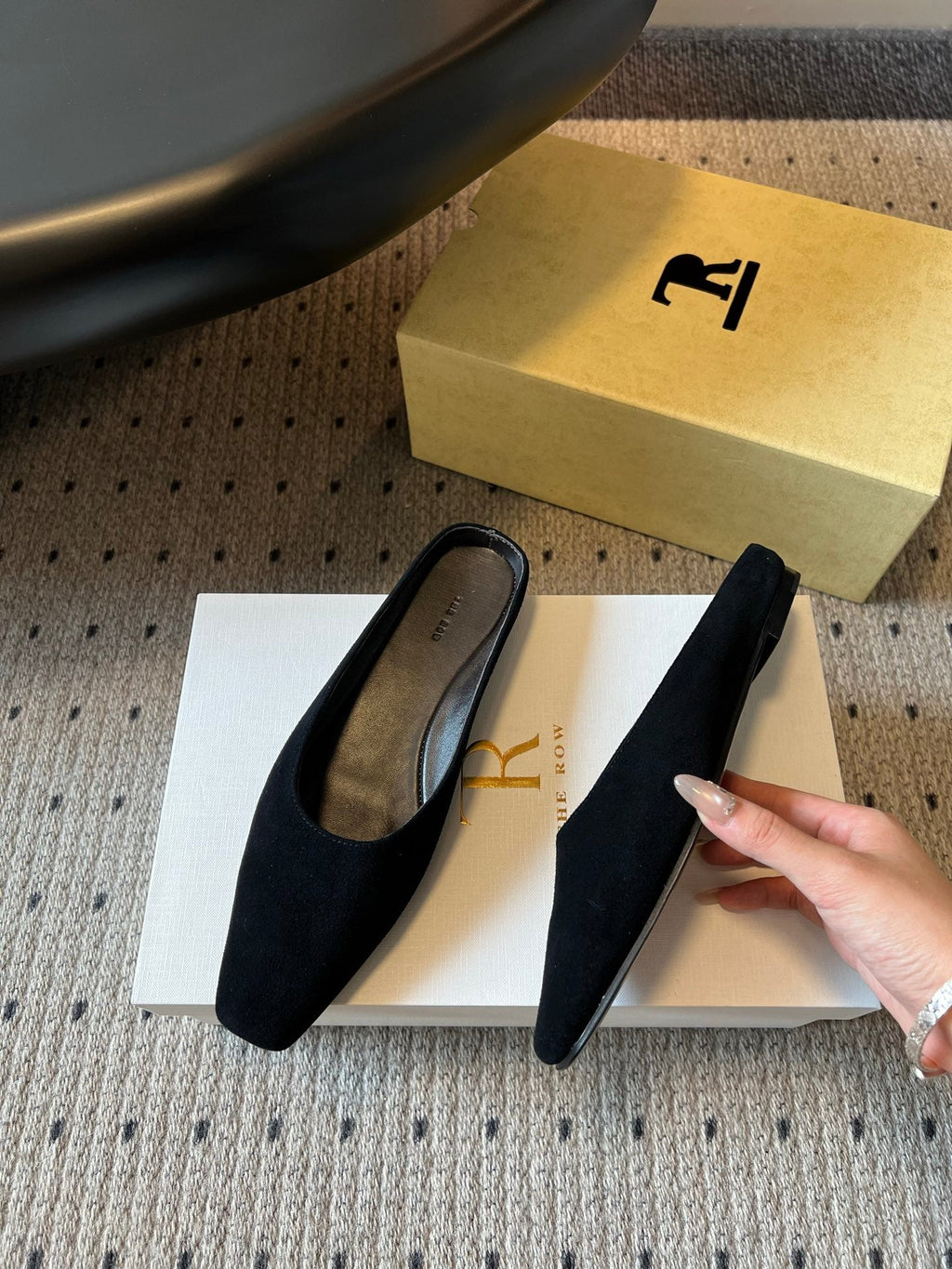 THE ROW 26S SQUARE TOE BACKLESS SLIDES IN BLACK CALF HAIR