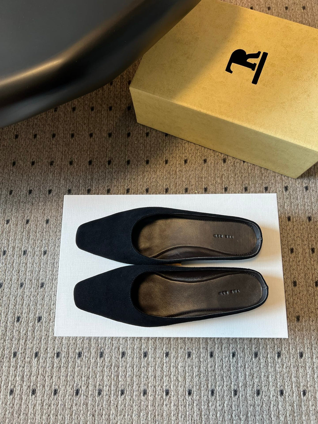 THE ROW 26S SQUARE TOE BACKLESS SLIDES IN BLACK CALF HAIR