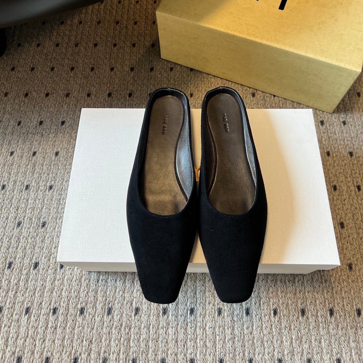 THE ROW 26S SQUARE TOE BACKLESS SLIDES IN BLACK CALF HAIR