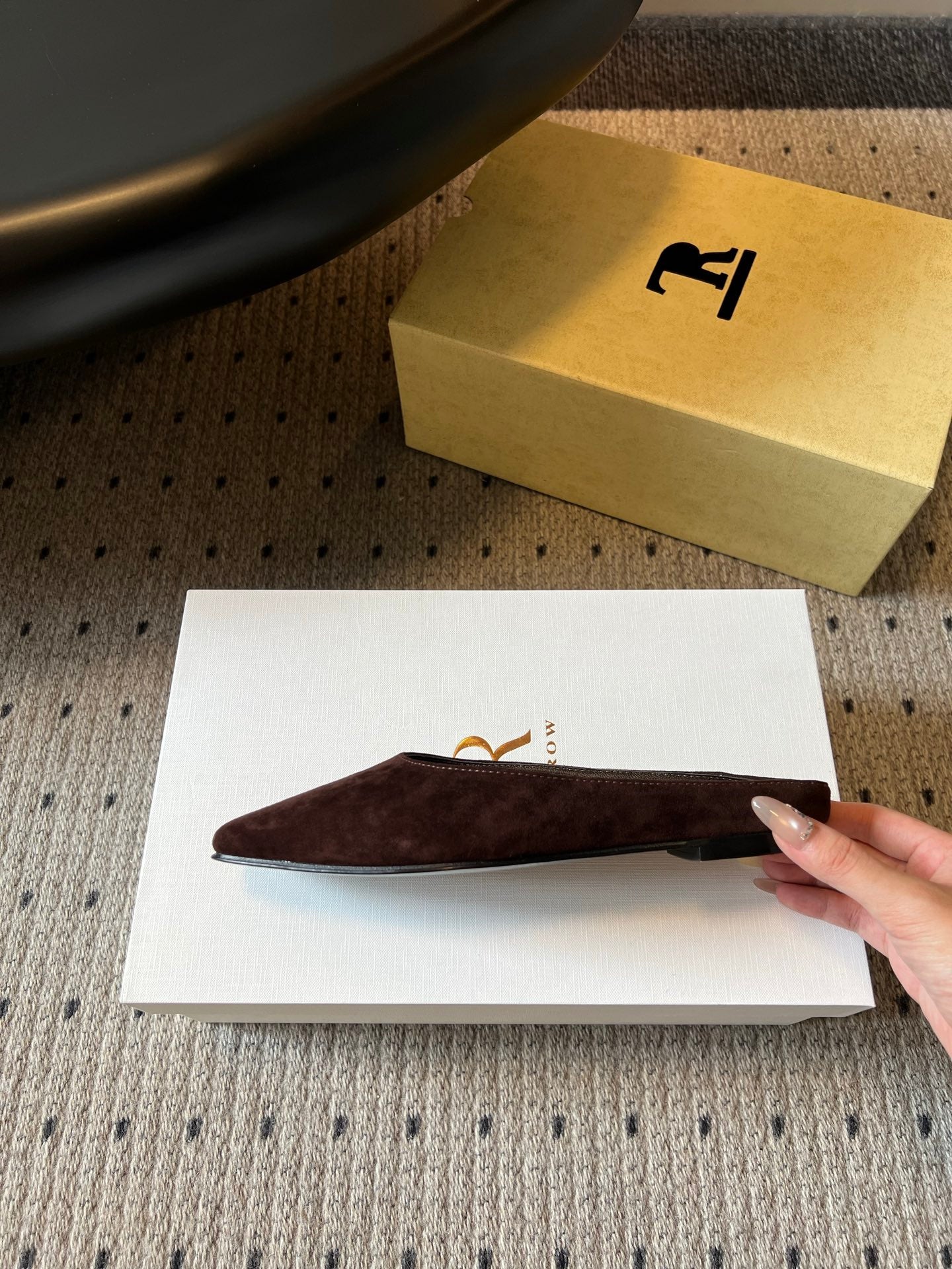 THE ROW 26S SQUARE TOE BACKLESS SLIDES IN DARK BROWN CALF HAIR