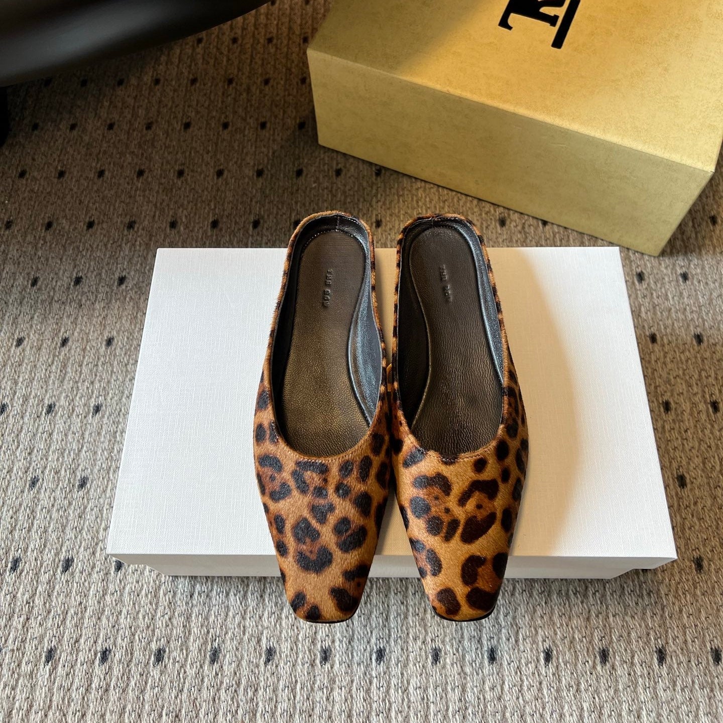 THE ROW 26S SQUARE TOE BACKLESS SLIDES IN BROWN SPOTTED CALF HAIR