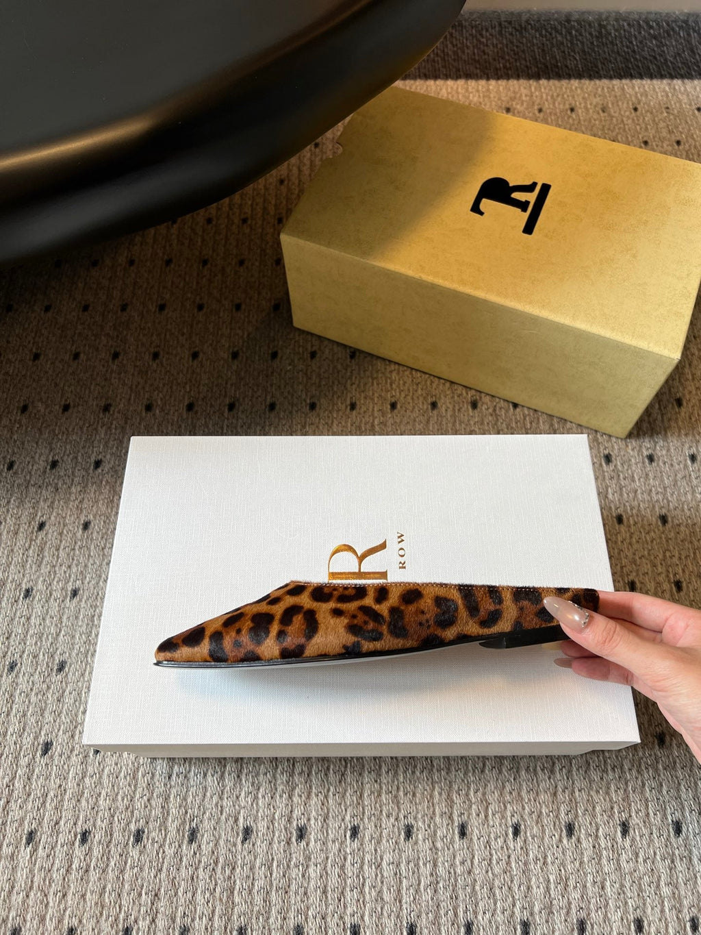 THE ROW 26S SQUARE TOE BACKLESS SLIDES IN BROWN SPOTTED CALF HAIR
