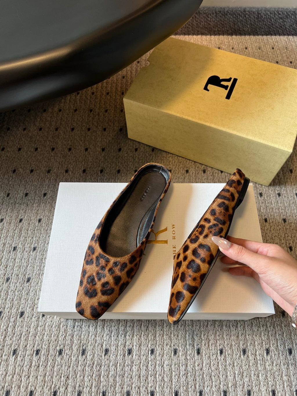 THE ROW 26S SQUARE TOE BACKLESS SLIDES IN BROWN SPOTTED CALF HAIR