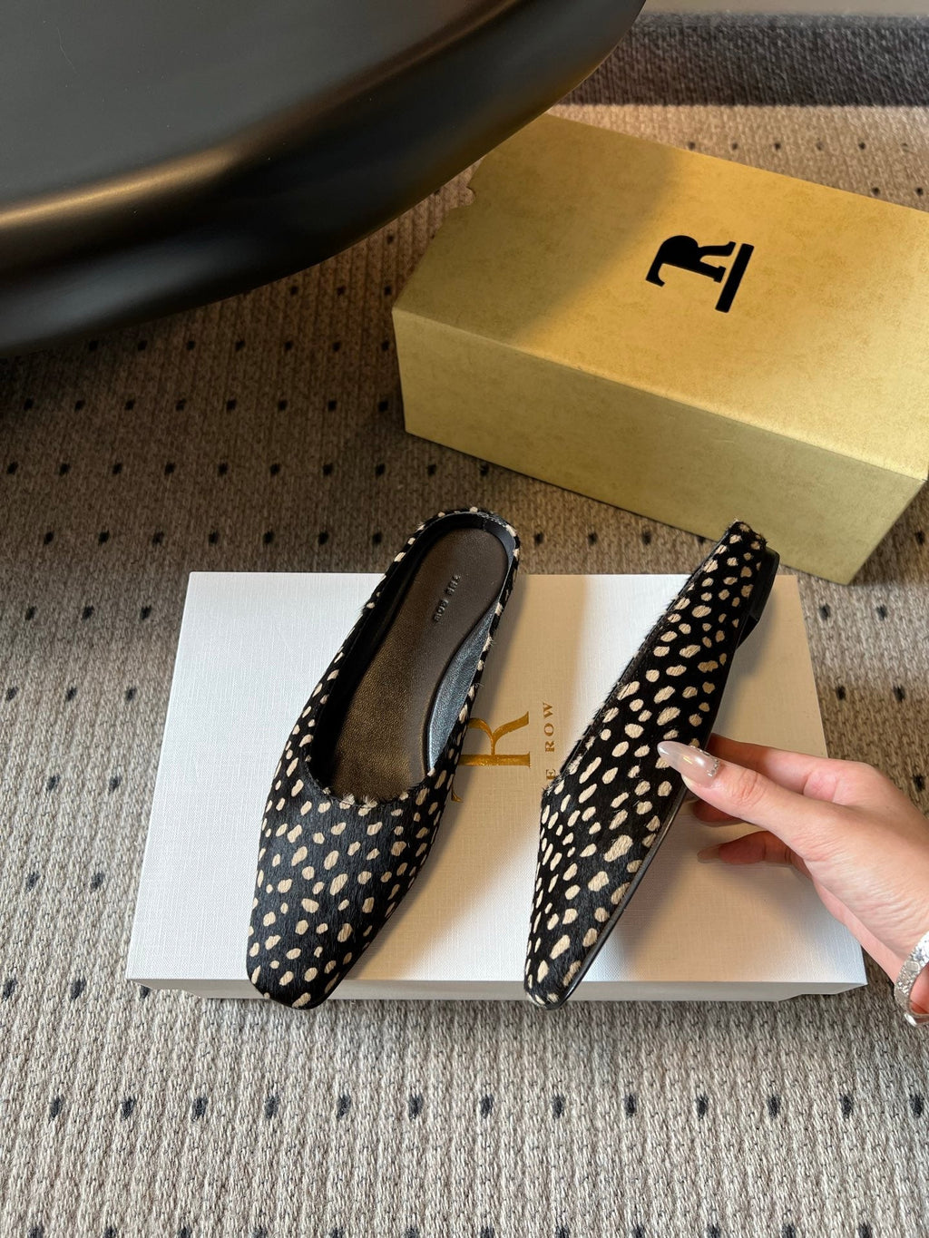 THE ROW 26S SQUARE TOE BACKLESS SLIDES IN BLACK SPOTTED CALF HAIR
