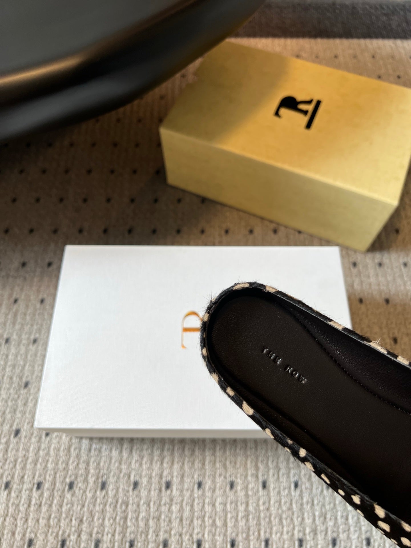 THE ROW 26S SQUARE TOE BACKLESS SLIDES IN BLACK SPOTTED CALF HAIR