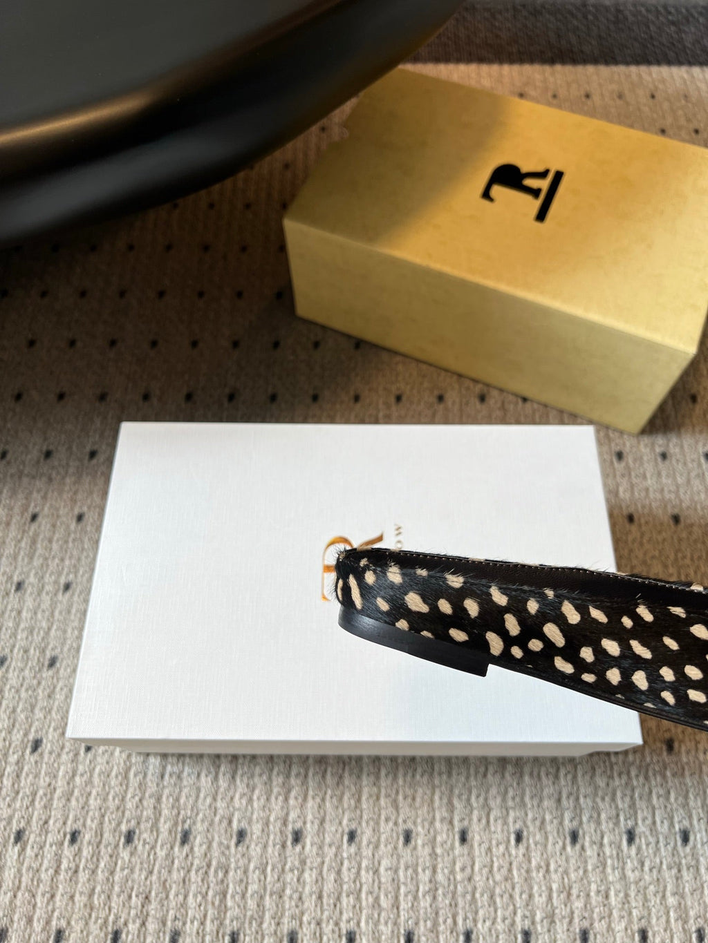 THE ROW 26S SQUARE TOE BACKLESS SLIDES IN BLACK SPOTTED CALF HAIR